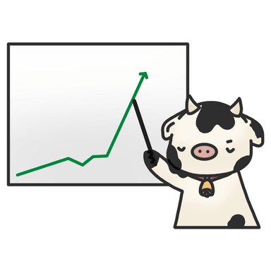 An image of Bessy the cow pointing towards a graph with an upwards trend