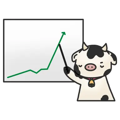 An image of Bessy the cow pointing towards a graph with an upwards trend