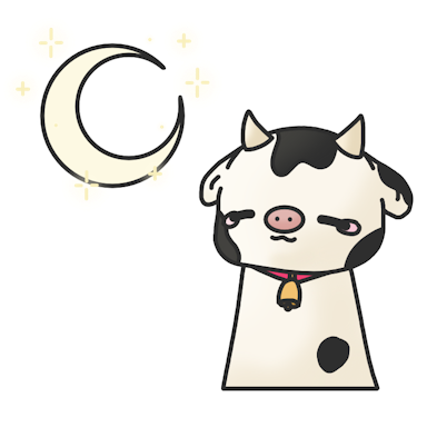 An image of a tired Bessy the cow under the moon, signifying dark mode