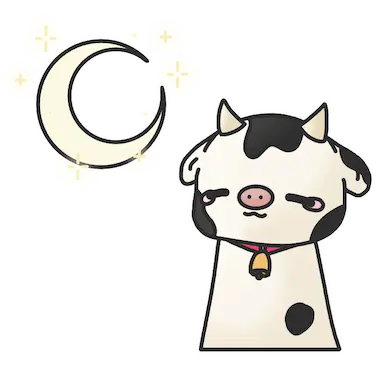 An image of a tired Bessy the cow under the moon, signifying dark mode