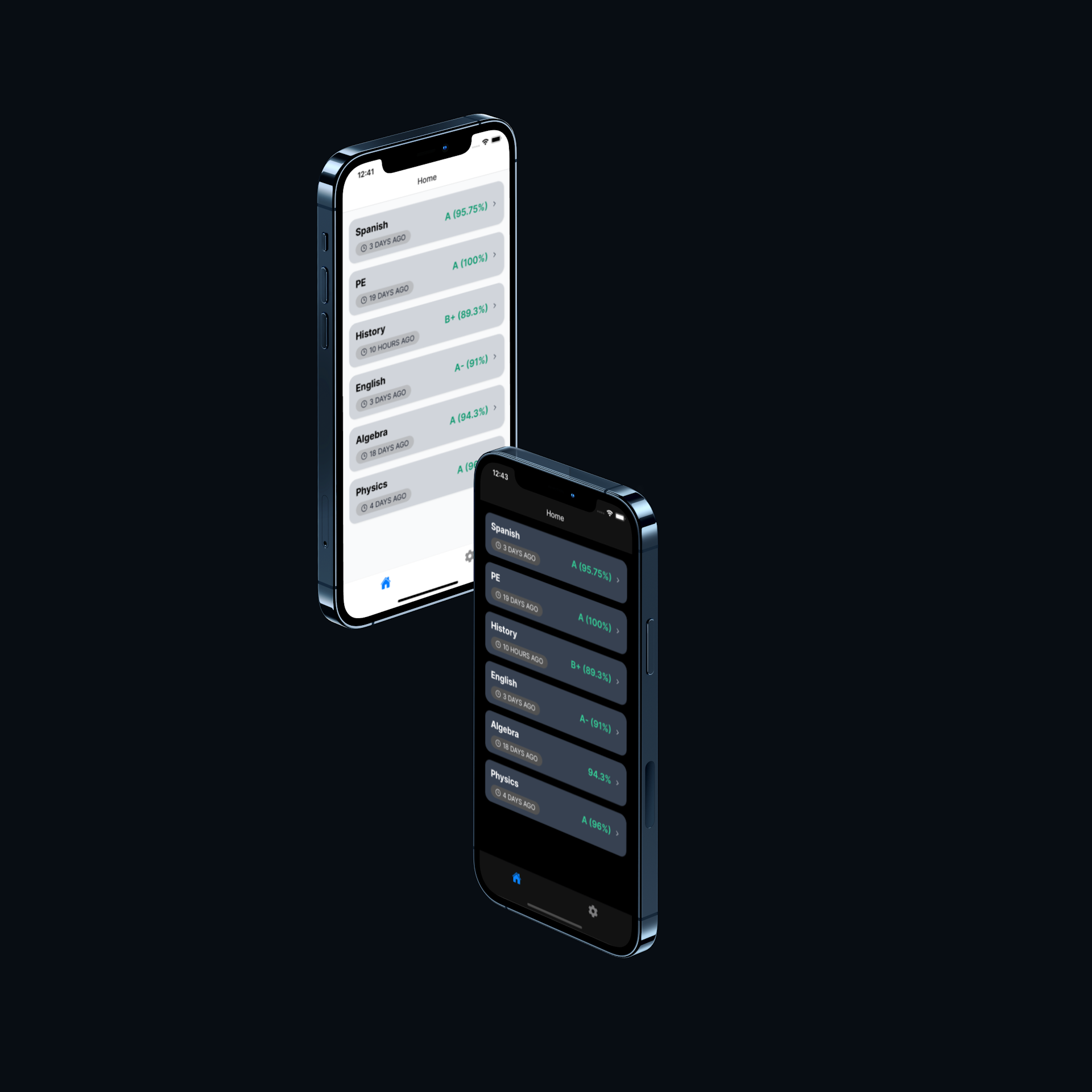 An image showing two iPhones side to side with the Bessy iOS home page, where one of the screens is in light mode while the other is in dark mode.